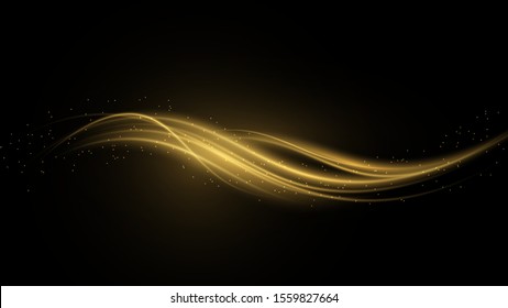 Shimmering waves with light effect isolated on black background. Glittering star dust trail. Abstract motion. Magic lines. Neon effect vector background