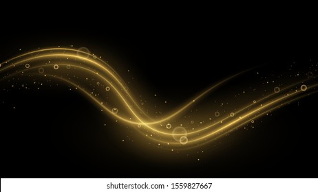 Shimmering waves with light effect isolated on black background. Glittering star dust trail. Abstract motion. Magic lines. Neon effect vector background