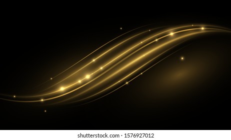 Shimmering waves with light effect isolated on black background. Glittering star dust trail. Abstract motion. Magic lines. Neon effect vector background