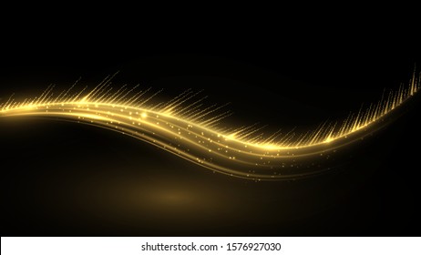 Olas brillantes con efecto claro aisladas en fondo negro. Trazado de polvo de estrellas.Moción abstracta. Líneas mágicas. Fondo vectorial de efecto neón