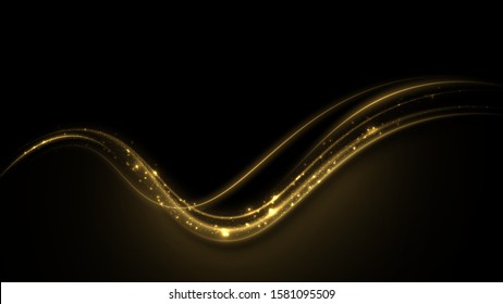 Shimmering waves with light effect isolated on black background. Glittering star dust trail. Abstract motion. Magic lines. Neon effect vector background