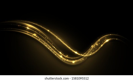 Shimmering waves with light effect isolated on black background. Glittering star dust trail. Abstract motion. Magic lines. Neon effect vector background