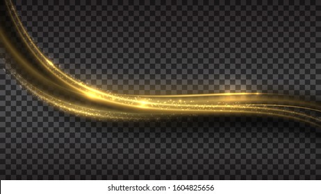 Shimmering waves with light effect isolated on black background. Glittering star dust trail. Abstract motion. Magic lines. Neon effect vector background