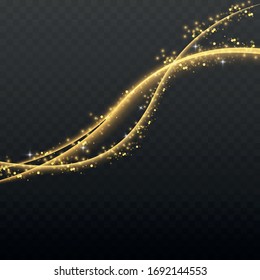 Shimmering waves with light effect isolated on black background. Glittering old dust trail. Abstract motion. Magic lines. Neon effect vector background