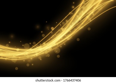 Shimmering waves with light effect isolated on black background. Glittering star dust trail. Abstract motion. Magic lines. Neon effect vector background