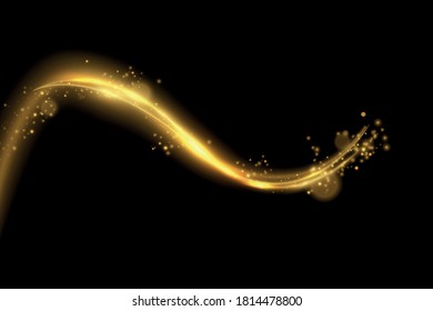 Shimmering waves with light effect isolated on black background. Glittering old dust trail. Abstract motion. Magic lines. Neon effect vector background