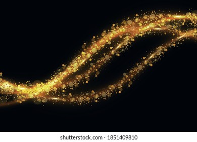 Shimmering waves with light effect isolated on black background. Glittering old dust trail. Abstract motion. Magic lines. Neon effect vector background