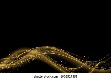 Shimmering waves with light effect isolated on black background. Glittering old dust trail. Abstract motion. Magic lines. Neon effect vector background