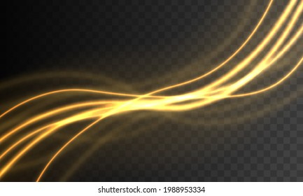 Shimmering waves with light effect isolated on black background. Golden lens flare transparent light effect with wavy lines and sparkling dust particles. Futuristic Flash. Vector illustration, eps 10.