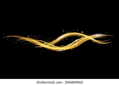 Shimmering waves with light effect isolated on black background. Glittering old dust trail. Abstract motion. Magic lines. Neon effect vector background