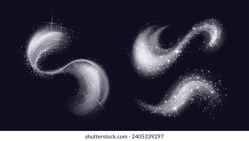 Shimmering white swirls set isolated on black background. Vector realistic illustration of frosty winter air with snow, neon magic light waves, clean laundry aroma trail, cool wind twirl, glitter dust