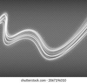 Shimmering White Waves With Light Effect Isolated On Black Background. Wavy Glowing Bright Flowing Curved Lines. Speed Of Light Concept Background.