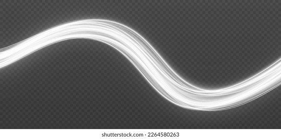  Shimmering white waves with light effect isolated on transparent background. Wavy glowing bright flowing curve lines. Speed of light concept background.