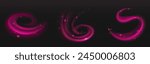 Shimmering wind vortex with pink leaves. Vector realistic illustration of magic light effect with sparkling particles, sakura petals, spring cherry blossom foliage flying in air, romantic whirlwind