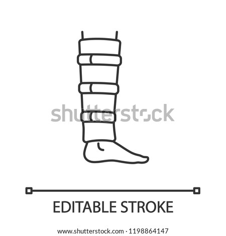 Shin brace linear icon. Shin support. Adjustable calf brace. Thin line illustration. Lower leg compression wrap. Leg injury. Calf muscle sprain. Vector isolated outline drawing. Editable stroke