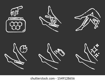 Shin waxing chalk icons set. Leg hair removal with natural honey hot wax strips process. Female body depilation steps. Professional beauty treatment cosmetics. Isolated vector chalkboard illustrations