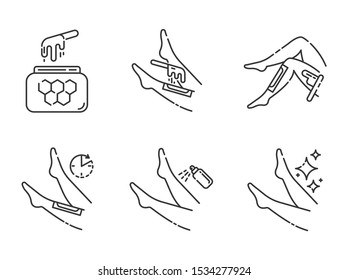 Shin waxing linear icons set. Leg hair removal with natural honey hot wax strips process. Body depilation steps. Thin line contour symbols. Isolated vector outline illustrations. Editable stroke