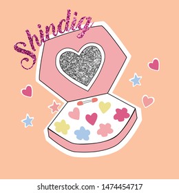 shindig text glitter mirror powder makeup color star heart girl tee illustration art vector