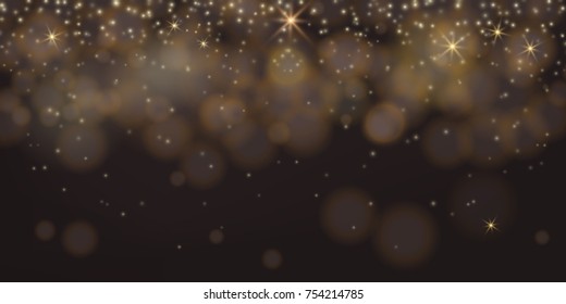 Shine background. Black. Abstract elegant shining bokeh concept. Gold lights, glowing particles, fog backdrop. Vector illustration
