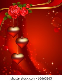 Shine background with three hearts and roses