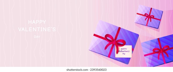 Shine banner happy Valentine’s day. Horizontal border with copy space. Vector illustration  bright cute gift box on the pink background. Suitable for email header, post in social networks, advertising