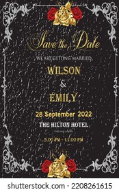 shine black with silver frame and grunge texture gold wedding invitation template. Vector illustration suit for greeting card, poster, envelope, banner, and much more