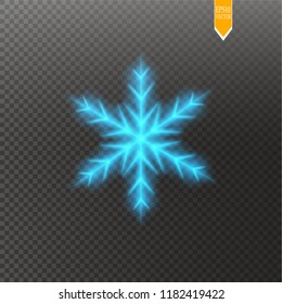 Shine blue snowflake with glitter isolated on transparent background. Christmas decoration with shining sparkling light effect. Vector eps 10