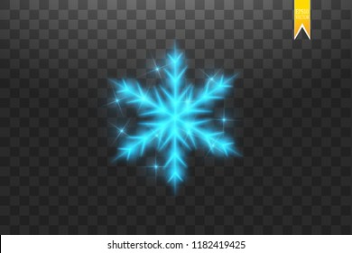 Shine blue snowflake with glitter isolated on transparent background. Christmas decoration with shining sparkling light effect. Vector eps 10