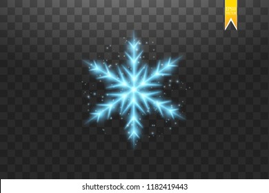 Shine blue snowflake with glitter isolated on transparent background. Christmas decoration with shining sparkling light effect. Vector eps 10