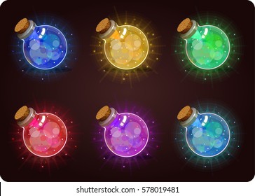 Shine bottles. Game icon of magic elixir. Vector design for app user interface