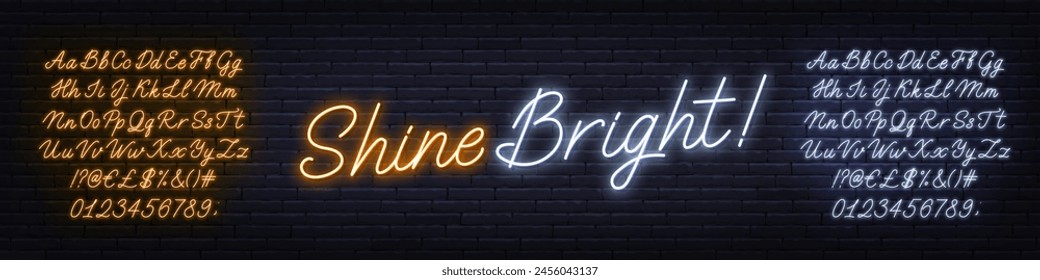 Shine Bright neon text on brick wall background.