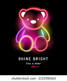 shine bright slogan with colorful neon light in bear doll shape vector illustration