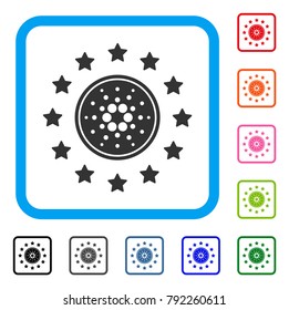 Shine Cardano Coin icon. Flat gray iconic symbol inside a blue rounded frame. Black, grey, green, blue, red, orange color variants of shine cardano coin vector.