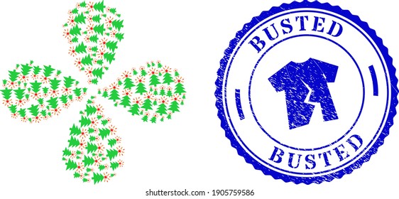 Shine Christmas tree centrifugal abstract flower, and blue round BUSTED grunge seal with icon inside. Object flower done from oriented shine Christmas tree symbols.
