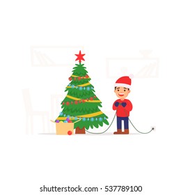 Shine Christmas tree. Christmas tree and kid.  Vector illustration in cartoon style