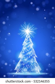 Brilla el árbol de Navidad con fondo azul vertical