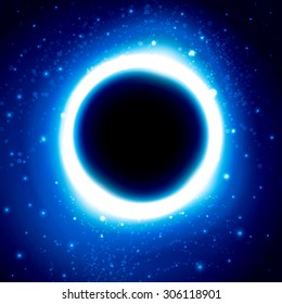 Shine cosmic vector wallpaper design with blue glowing circle and glitters on starry space background with black hole in center