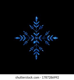 Shine crystal snowflake covered with diamond glitter on black background. Christmas decoration with shining sparkling light effect. Vector isolated icon. New Year blue glittering ornament.
