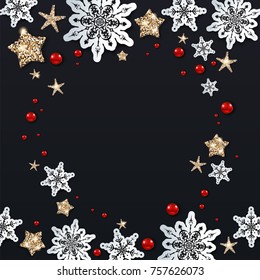 Shine decoration with snowflakes, stars and balls om black background. Winter holiday Christmas design for banners, advertising, leaflet, cards, greeting, invitation and so on.