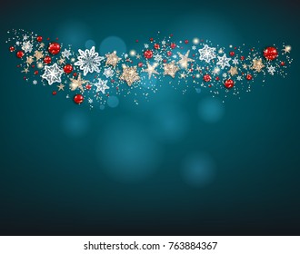 Shine decoration with snowflakes, stars and balls. Winter holiday Christmas design for banners, advertising, leaflet, cards, greeting, invitation and so on.