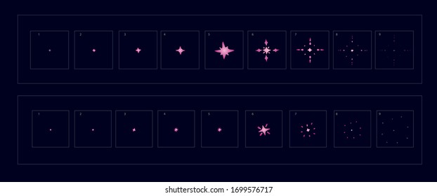 Shine effect animation. pink color shine frame by frame classic animation sprite sheet for game, cartoon, video, animation or motion, vector