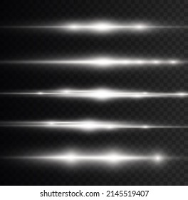 Efecto brillante o destello de lente estelar. Conjunto de estrellas de luces brillantes con destellos sobre fondo transparente. El diseño y la decoración se caracterizan por unos efectos luminosos especiales de la línea blanca. Ilustración vectorial.