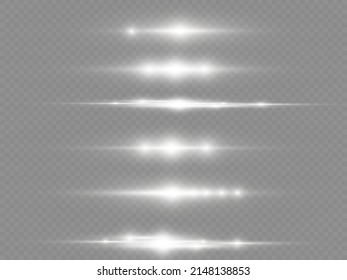 Shine effect or starlight lens flare. Set of glowing lights stars with sparkles on transparent background. Special white line flare light effects for design and decor. Vector illustration.