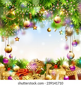 Shine festive background with Christmas gifts