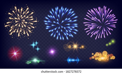 Shine fireworks. Glow splashes, realistic fire festive lights. New year night sparkles elements vector set