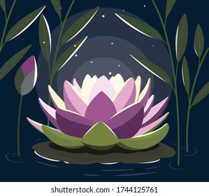 Luto de flor brillante en ilustración vectorial nocturna