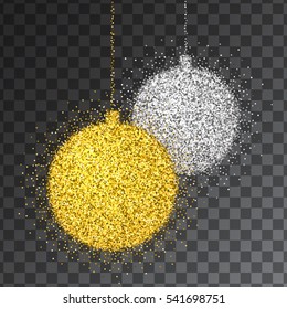 Shine gold and silver ball with glitter on transparent background. Christmas decoration with sparkling effect. New Year Holiday toys for festive banner, greeting card, invitation. Vector illustration.