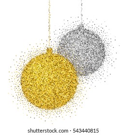 Shine gold and silver ball with glitter on white background. Christmas decoration with sparkling light effect. New Year Holiday toys for festive banner, greeting card, invitation. Vector illustration.