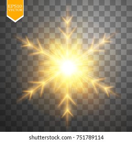 Shine gold snowflake with glitter isolated on transparent background. Christmas decoration with shining sparkling light effect. Vector
