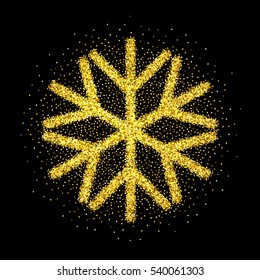 Shine gold snowflake with glitter on black background. Christmas decoration with sparkling light effect. New Year Holiday glittering design for festive banner, card, invitation. Vector illustration.